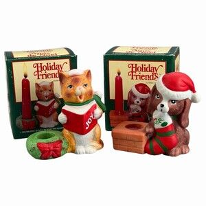 Christmas Candle Holders Set of 2 Cat Dog Holiday Friends Original Box
